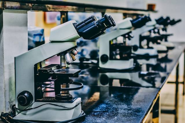 Laboratory microscope on a workbench